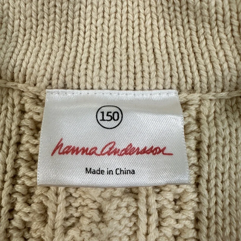 Hanna Andersson Kids Cable Knit Sweater Size 150 Cream Cotton Wool Quarter Zip